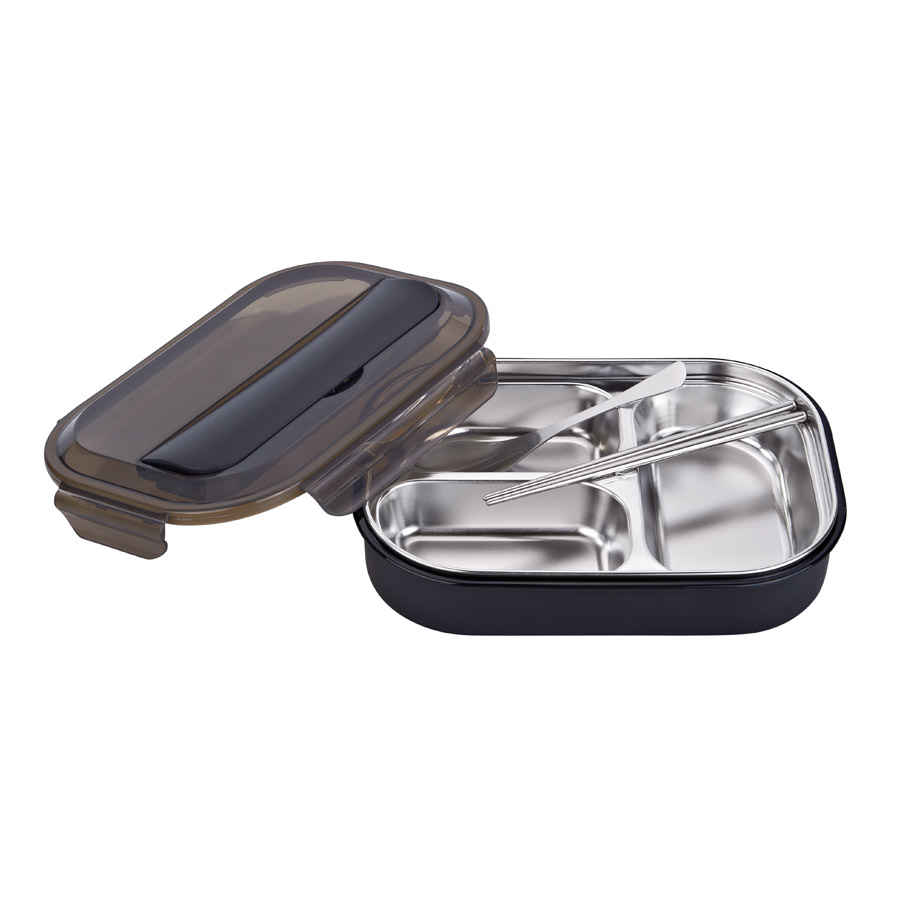 R-8845 黑色 美時(shí)不銹鋼套裝飯盒（3格）材質(zhì)：PP+304不銹鋼 產(chǎn)品尺寸：（cm）長(zhǎng)25.5x寬18.2x高6.